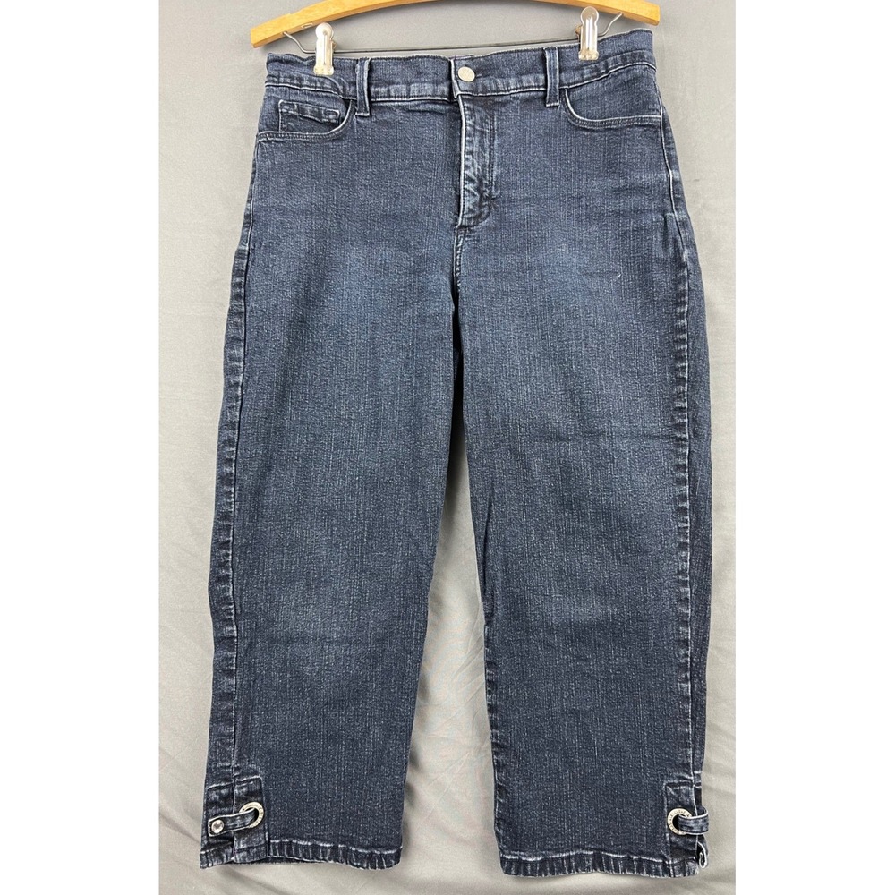 NYDJ Capri Jeans Womens 10 Dark Wash Lift Tuck Rhinestone Hem Denim Good